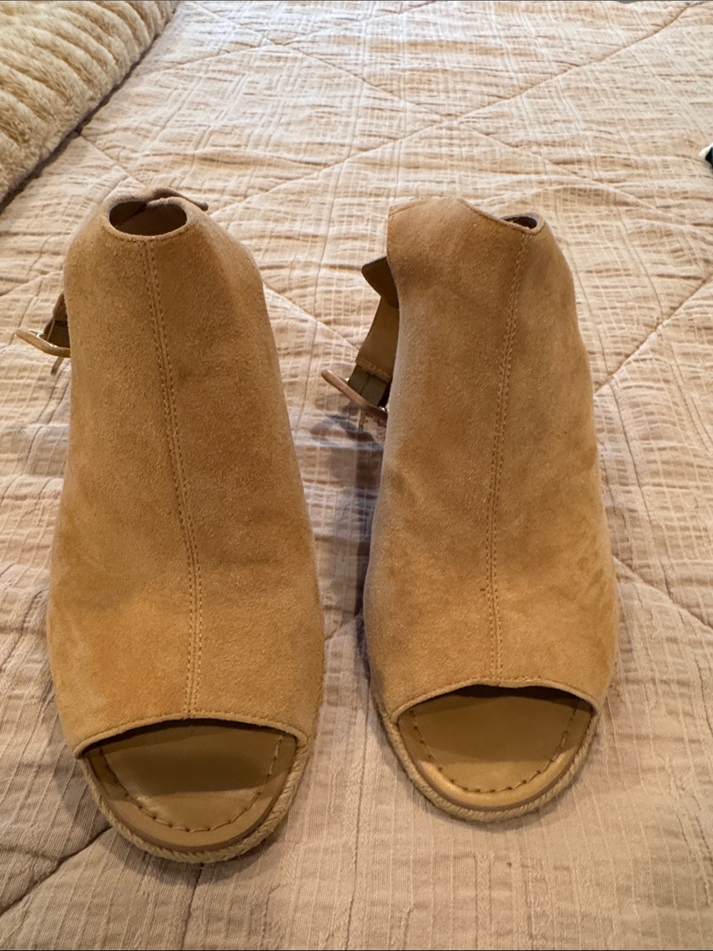 Franco Sarto Tan Suede Open-Toe Wedge